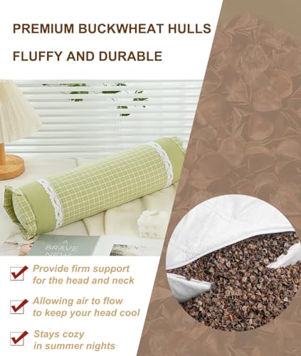 Adjustable Buckwheat Neck Roll Pillow for Nap, Firm Cervical Support Bolster with Neck Pain Relief, Cylinder Round Pillow with Plaid Lace Trim Pillowcase (16"x4",Green) - color: Green