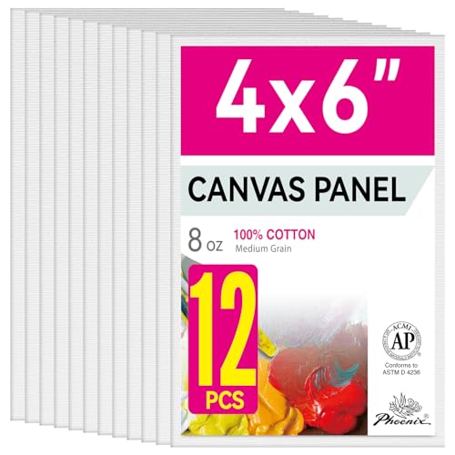 PHOENIX Small Painting Canvas Panels 4x6 Inch, 12 Value Pack - 8 Oz Triple Primed 100% Cotton Acid Free Canvas Boards for Painting, White Blank Flat Canvas Boards for Acrylic, Oil Paints - color: White, size: 4" x 6"