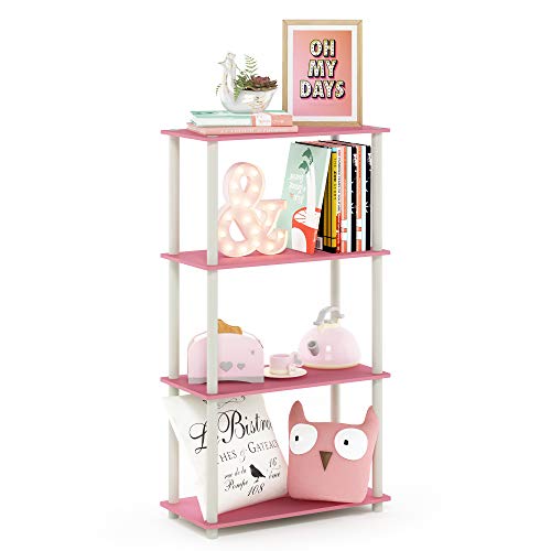 Furinno Turn-N-Tube Toolless 4-Tier Storage Shelves, Pink | Wide Open Frame Book Shelf, Corner Shelf, for Organization, Living Room, Garage, Home Office - color: Pink/White, size: 4-Tier Round Tube