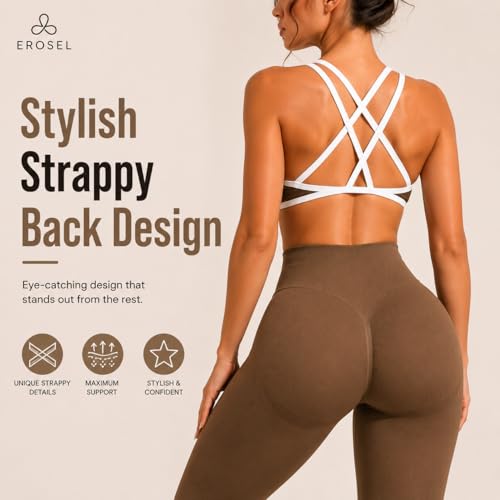 2PC Workout Sets For Women High Waisted Gym Leggings and Cross Back Strappy Sports Bra for Women With High Support - color: Brown, size: Small