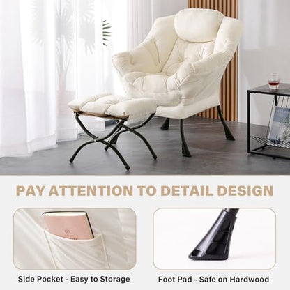 Tiita Lazy Chair with Ottoman, Modern Large Accent Lounge Chairs, Leisure Sofa Armchair with Ottoman, Reading Chair with Footrest for Bedroom, Living Room, Dorm Rooms, Garden - color: Beige