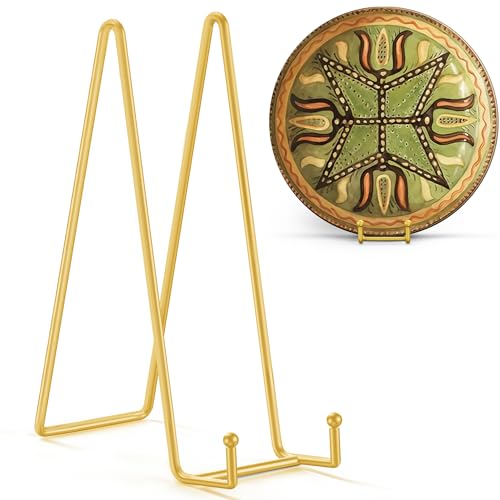 TR-LIFE 12 Inch Large Plate Stands/holder for Display - Metal Picture Frame Holder Stand + Small Easels for Platter, Book, Plaques, Photo, Tabletop Art (Gold 2 Pack) - size: 12 Inch