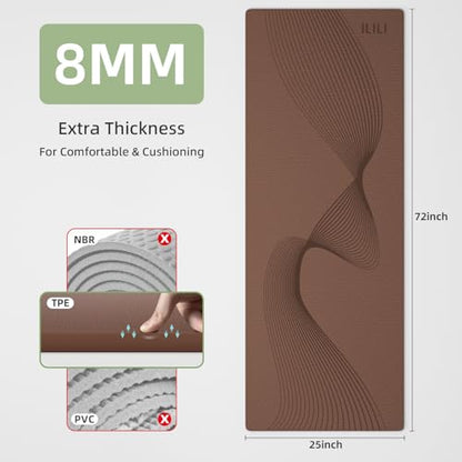ILILI Exercise Mat 72''x25''×0.3''(8MM) | Compact Eco Friendly TPE Yoga Mat for Pilates & Fitness, Tear Resistant with Carry Strap for Home Gym Studio Stretching - color: brown