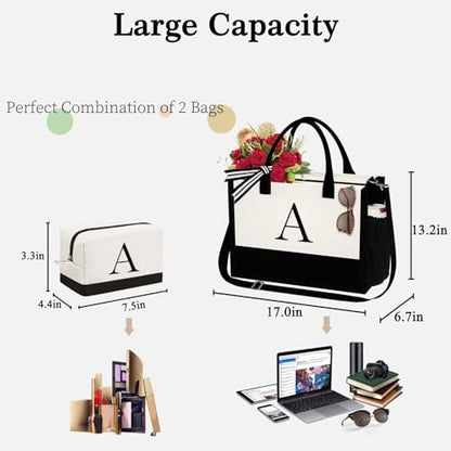 YOOLIFE Gifts for Women - Initial Canvas Tote Bag & Makeup Bag, Birthday Gifts for Women Mom Sister Friends - style: J