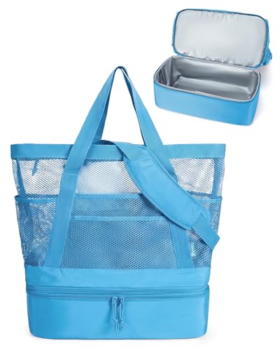 BAGSMART Beach Bag for Women, Mesh Tote Bags with Zipper, Sandproof Vacation Essentials with Cooler for Swim Cruise Pool - color: Dark Blue