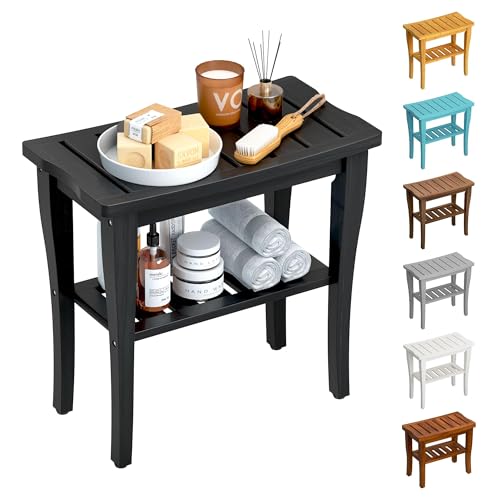 Bamboo Shower Bench Stool with Storage Shelf, Waterproof Shower Chair Spa Bath Seat, Shower Stool for Inside, Bathroom Bench Seat for Adults Elderly Seniors for Indoor or Outdoor Use(Black) - color: Black