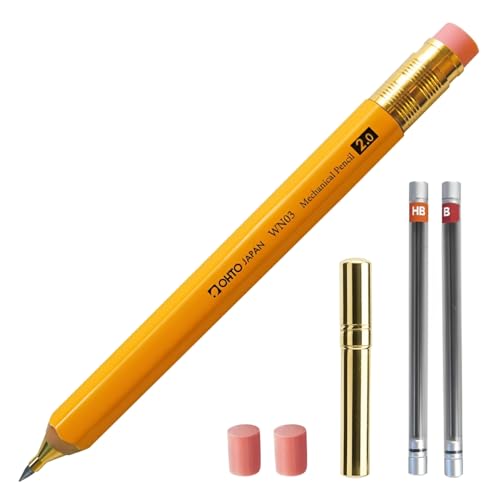 WN03 Wooden Mechanical Pencil Set, 2.0mm Extra Bold, Thick Barrel, Incense Cedar Yellow Pencil with Lead Refills (HB, B), Eraser Refills, and Brass Sharpener for Writing, Sketching, Drawing