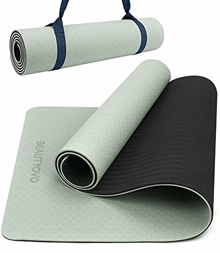 BEAUTYOVO Yoga Mat with Strap, 1/3 Inch Extra Thick Yoga Mat Double-sided Non Slip, Professional TPE Yoga Mats for Women Men, Workout Mat for Yoga, Pilates and Floor Exercises - color: Matcha Green & Graphite Grey