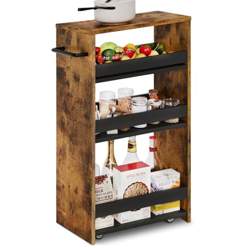TEAMIX Slim Rolling Storage Cart, Wood 4-Tier Narrow Kitchen/Laundry Cart - color: Brown+black, size: 7-7/8'' W