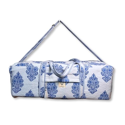 Large Capacity Handblock Printed Yoga Mat bag for Women, Gym Bag, Fits Yoga Blocks, Adjustable strap, Pilates, Gym, Fitness Block & Gear, Light and Durable - color: Neel Butta