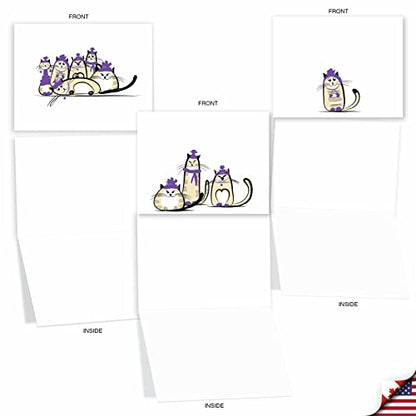 The Best Card Company - 10 Blank Yoga Note Cards (4x 5.12 Inch) - Boxed Notecards with Envelopes, Cute Animal Cards, Zen Assortment - Purple Purrs M3966 - style: Purple Purrs