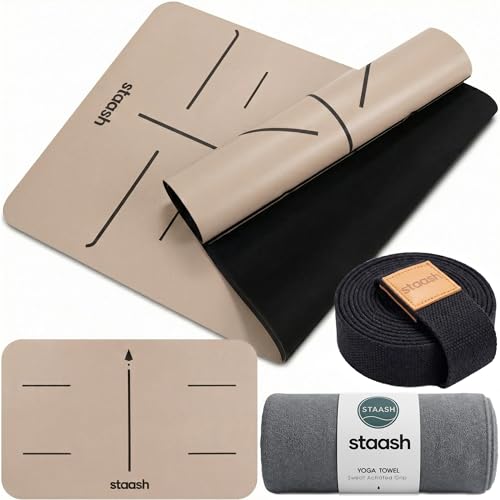 STAASH Premium Yoga Set – PU & Natural Rubber Mat + Towel + Strap + Knee Pad – Non-Slip Grip, Eco-Friendly, Studio Quality - color: Sand beige