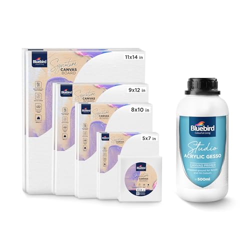 BLUEBIRD Canvas Board Set of 10 (2 each of 4x4, 5x7, 8x10, 9x12, 11x14) Studio Acrylic Gesso 500ml - White Liquid Gesso Primer