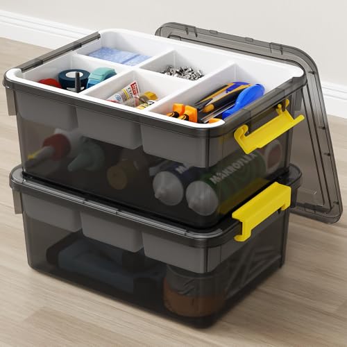 40Qt Stackable Storage Bins with Lids Trays Craft Box Organizers, 2Pack,GY | Clear Plastic Latching Boxes Organizers with Dividers Portable Containers for Arts & Crafts, Home Office Classroom Car Trunk - color: Clear Grey, size: 20QT-2Pack