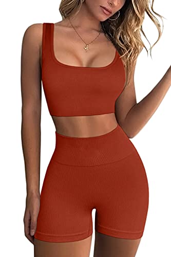 QINSEN Workout Sets for Women 2 Piece Seamless Ribbed Crop Tank High Waist Shorts Yoga Outfits - color: Brick Red, size: Small