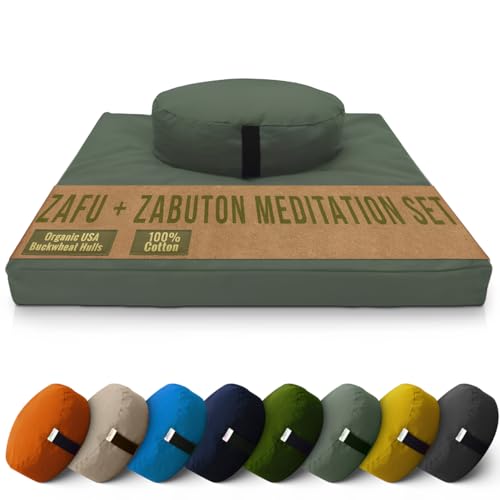 Bean Products Meditation Cushion Mat Set - Zafu Floor Pillow Organic Buckwheat Pillow + Cotton Filled Zabuton Prayer Pad - Meditation Pillow Yoga Knee Pad - Made in USA - 14" Round or 18" Oval - color: Earth - 10oz Cotton Canvas, size: Oval Combo