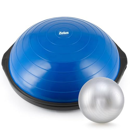ZELUS 25in. Balance Ball | 660lb Inflatable Half Exercise Ball Wobble Board Balance Trainer w Nonslip Base | Half Yoga Ball Strength Training Equipment w 2 Bands, Pump, Extra Ball Included - color: Blue