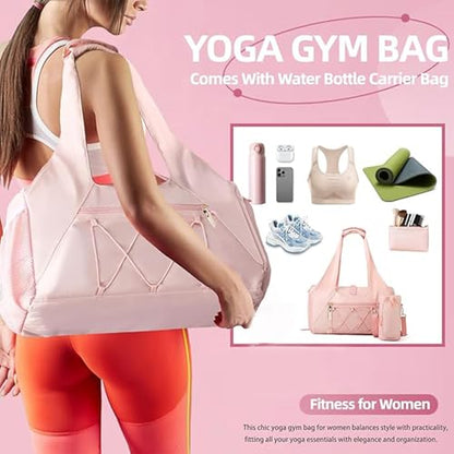 Gym Bag for Women, Yoga Mat Bag with Shoe Compartment and Wet Pocket, Sport Yoga Gym Bag with Yoga Strap, Carryall Yoga Tote Bag - color: Pink