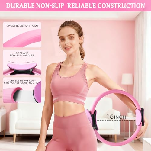 Home Pilates Kit for Women, Pilates Ring Set, Pilates Equipment Kit for Women Home Workouts, Pilates Essentials Kit with Pilates Ring and Ball, Resistance Bands for Strength, Toning, Flexibility - color: Pink-12 inch Ring