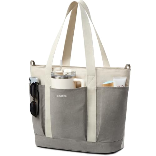 G4Free Large Canvas Tote Bag for Women with Zipper Fit 15.6" Laptop, Everything Tote Bags with Pockets for Work, Travel - color: Grey