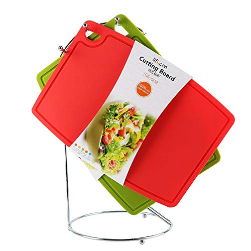 Liflicon Thick Cutting Boards for Kitchen Silicone Chopping Board Set of 2 Mid 12.6'' x 9.1”,Mini 9.1”x7.1” Non-slip Deep Drip Juice Groove Easy Grip Handle,Dishwasher Safe-Red - color: Red, size: S+M