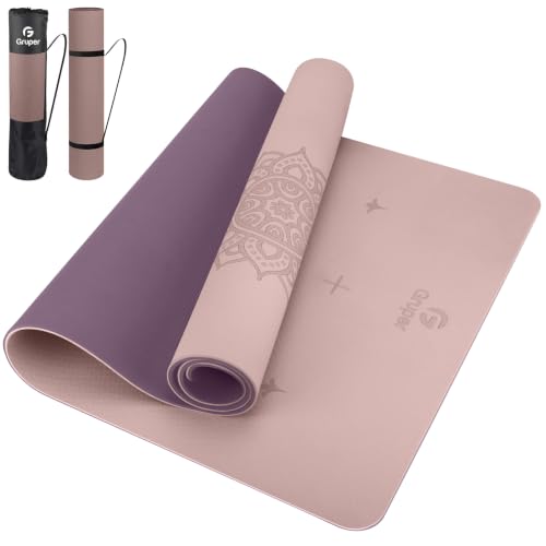 Gruper Yoga Mat Non Slip TPE Extra Wide Yoga Mat with Alignment Mark, 72"L x 32"W x 0.32"/0.24"Th (183cm x 80cm x 8mm/6mm), Anti-Tear Exercise Mat with Carrying Strap and Bag, Workout Mats for Yoga, Pilates - color: Pink Purple, size: 0.32*32*72 Inches
