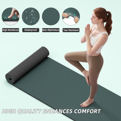 ILILI 10mm Extra Thick, TPE Yoga Mat, 76×28 Inch Extra Long, Carrying Strap | Double‑Color, Non‑Slip, Eco‑Friendly, Cushioned for Yoga, Pilates, Floor Exercise, Home Fitness, Outdoor Travel - color: Dark Green+Dark Grey