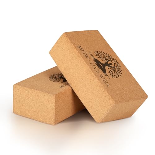 MHW - LIVE WELL Cork Yoga Block – Natural Anti-Slip Yoga Block for Stability & Deepening Poses - 9x6x3 Inches, Single (Cork, Pack of 2)