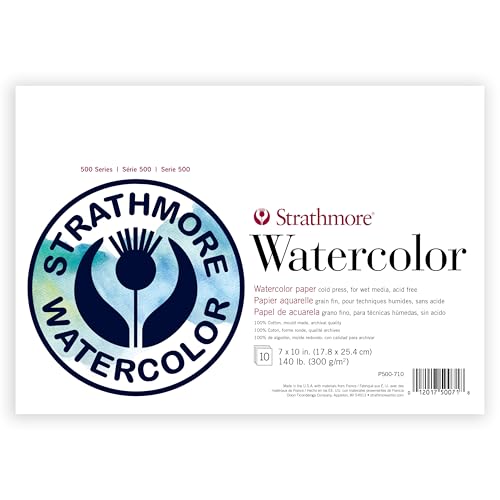 Strathmore 500 Series Watercolor Paper Pad, Heavyweight Cold Press Surface, Foldover Binding, 10 Sheets, 7x10 inch, White