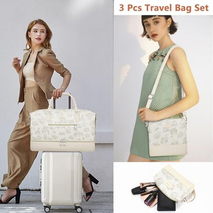ITIEZY Weekender Bag for Women 21.5" Travel Duffel Large Carry On Bag 3PCS | Nylon Duffel Bag with Waterproof Shoe Compartment, Crossbody Bag and Toiletry Bag, Travel Weekend Hospital Overnight Gym Bag - color: 4-Beige Flower