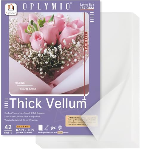 Thick Translucent Printable Vellum Paper 8.5 x 11, Oplymio 42 Sheets 167GSM | Smooth Heavy Weight Vellum Paper for Invitations, Embossing, Cardmaking, Crafts, Wedding Vellum Jackets, Overlays