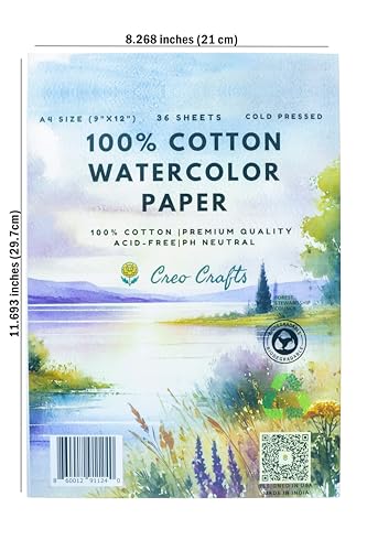 Creo Crafts 100% Cotton Watercolor Paper A4 (8.3 x 11.7 in) - 36 Sheets, 250 GSM Cold Pressed, Gelatin Sized, Acid-Free Natural White Artist Paper for Watercolour & Gouache - size: A4