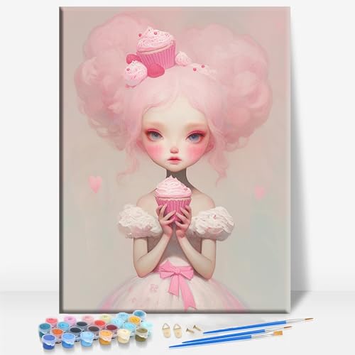 Aeontinity Pink Cupcake Doll Gothic Framed Canvas DIY Paint by Numbers Kit Bar Cafe Cave Home Room Wall Bathroom Porch Patio Decor Gift, 16 x 12 Inch - color: PINK CUPCAKE DOLL