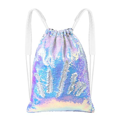 MHJY Sparkly Reversible Sequin Drawstring Backpack for Sports Gym Beach | Sparkly Reversible Sequin Mermaid Backpack With Creative DIY, Featuring Inside Pocket & Drawstring For Dance Swim - color: Mermaid Purple/Silver