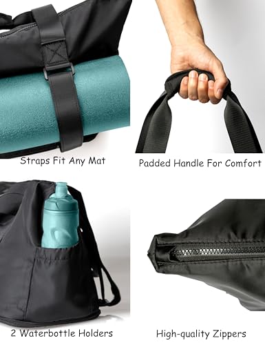 Yoga Mat Carrier: Extendable, Built-In Mat Straps & Laptop Pocket. Carry All Yoga Gym Work Accessories. Large Yoga Gym Tote Bag for Women & Men - color: Black