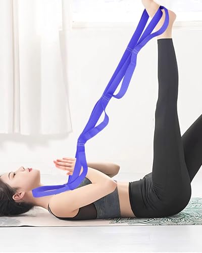 10 Loop Yoga Stretching Strap for Physical Therapy - Non-Elastic Exercise Band for Pilates, Yoga, Stretching for Women & Men - color: Blue