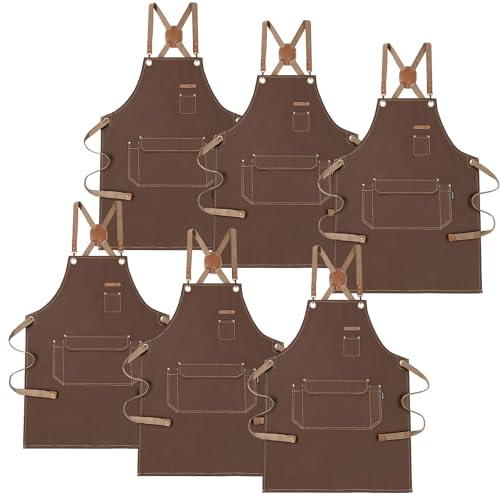 Chef Apron with Cross Back Straps for Men Women, Cotton Canvas Apron for Artists Painting, Kitchen Cooking - color: Brown, 6pack