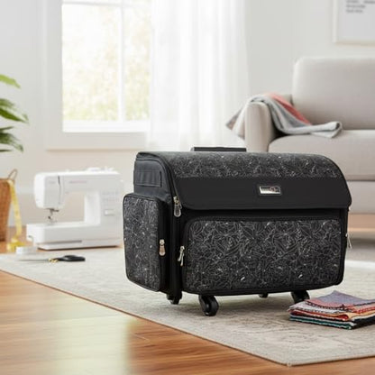 Everything Mary 4 Wheels Collapsible Deluxe Sewing Machine Storage Case - Rolling Trolley Carrying Bag for Brother, Singer - color: Grey Floral