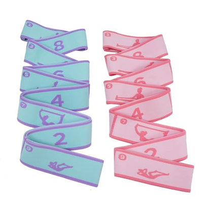 2 Pack 9-Loop Stretch Strap with Pose Guide Pattern, Elastic Yoga Band for Dance, Pilates, Gymnastics, Flexibility Exercise, Kids Workout Training, Youth Ballet Belt - color: Blue+Pink