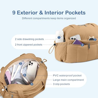 TOPDesign Travel Duffel Bag for Women, Puffer Gym Bag Sports Tote with Wet Pocket, Carry On Weekender with Luggage Sleeve (Khaki) - color: Khaki
