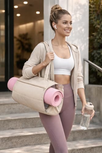 Gym bag with yoga mat holder Tote Bag for Women with cup holder travel - color: Camel
