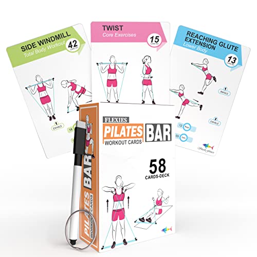 Flexies Pilates Bar Workout Cards | 58 Exercise Cards with Postures, Breathing Tips & Intensity Levels | Waterproof Color-Coded Fitness Cards Deck for Women with Dry-Erase Marker