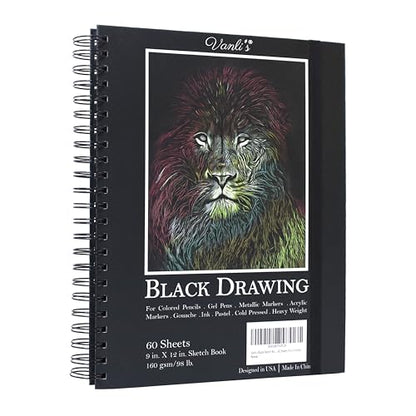Vanli's Black Sketch Book for Drawing. Drawing Pad for Adults and Kids. Black Drawing Paper 160 GSM, 60 Sheets 9 x12 Inches. Gel Pens not Included