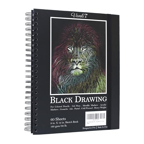 Vanli's Black Sketch Book for Drawing. Drawing Pad for Adults and Kids. Black Drawing Paper 160 GSM, 60 Sheets 9 x12 Inches. Gel Pens not Included