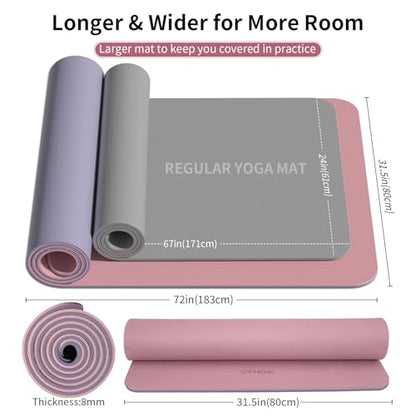 8mm Extra Wide 80cm Yoga Mat Non Slip | Spacious 80cm x 72" mat for tall users, gym, pilates. POE, reversible dual-color, non-slip, tear-proof, odorless, strap. - color: Dark Powder+Dark silve