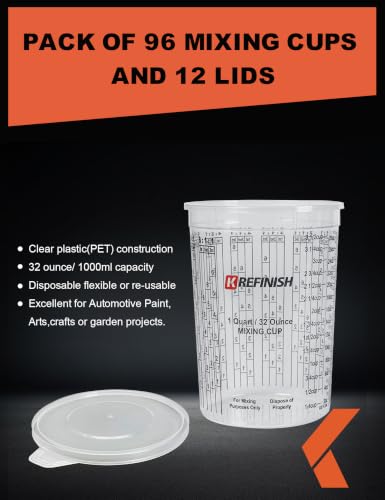 KREFINISH 32 OZ Paint Mixing Cups Graduated Disposable Clear Plastic Epoxy Measuring Cups (Box of 96 Cups & 12 Lids) Use for Automotive Painting, Resin, Acrylic, Arts, Pigments - Mixing Ratios - size: 32 Ounce
