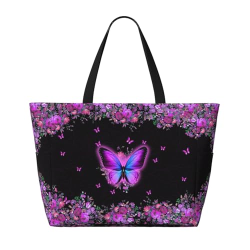 Large Beach Bag for Women Waterproof Foldable Travel Shoulder Tote Bag with Pocket for Weekender Pool Vacation - color: Butterfly Purple