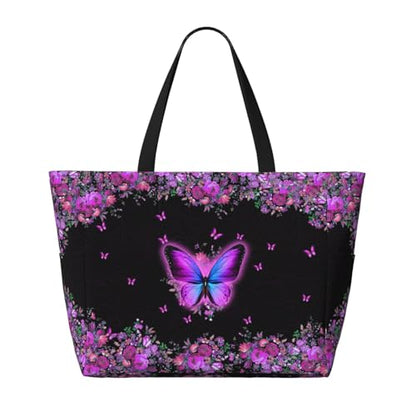Large Beach Bag for Women Waterproof Foldable Travel Shoulder Tote Bag with Pocket for Weekender Pool Vacation - color: Butterfly Purple