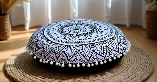 ICC 32 Inch Floor Pillows & Cushion Covers, Decorative Hippie Mandala Pouf Pillow Cover Bohemian Seating Meditation Cushion Cover, Large Boho Ottoman Case Pillowcase for Couch Round (Black Flower) - size: 32" x 32" (Pack of 1), style: Black Flower
