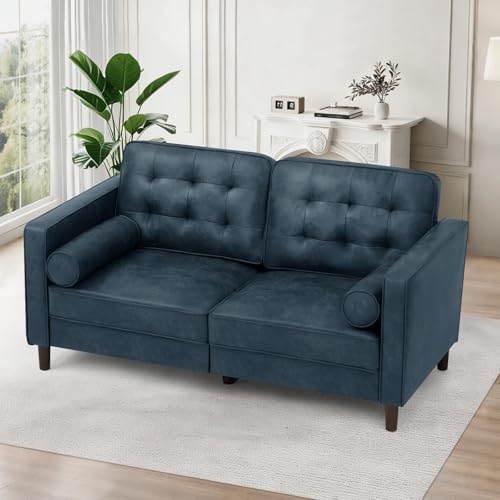 67" Suede Leather 2 Seater Sofa with Two Bolster Pillows, Blue - color: Blue, size: 67" Loveseat